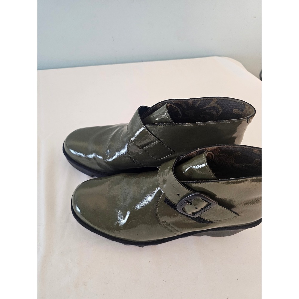 [Grunge] Fly London Yip Wedge Booties Womens US 9 1/2 Olive Green Patent Leather - Picture 5 of 6